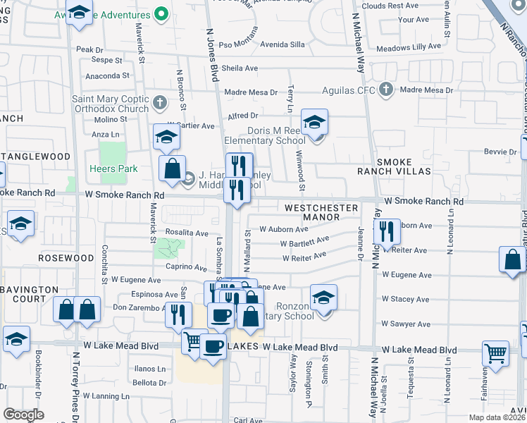 map of restaurants, bars, coffee shops, grocery stores, and more near 5829 Smoke Ranch Road in Las Vegas