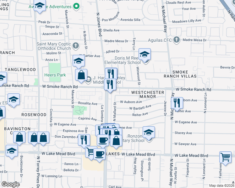 map of restaurants, bars, coffee shops, grocery stores, and more near 5917 Smoke Ranch Road in Las Vegas