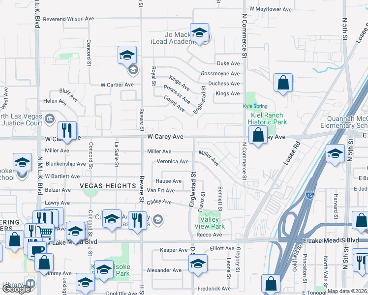 map of restaurants, bars, coffee shops, grocery stores, and more near 2 Miller Avenue in North Las Vegas