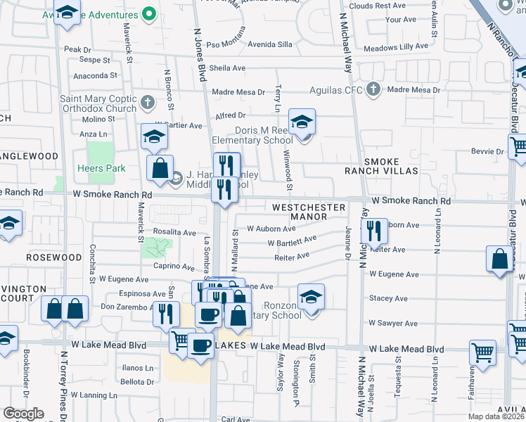 map of restaurants, bars, coffee shops, grocery stores, and more near 5817 Smoke Ranch Road in Las Vegas