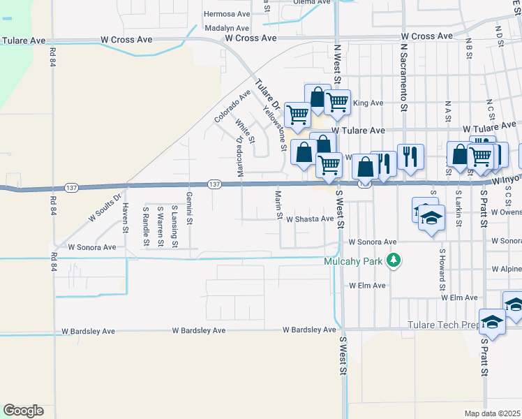 map of restaurants, bars, coffee shops, grocery stores, and more near 380 South Stafford Court in Tulare