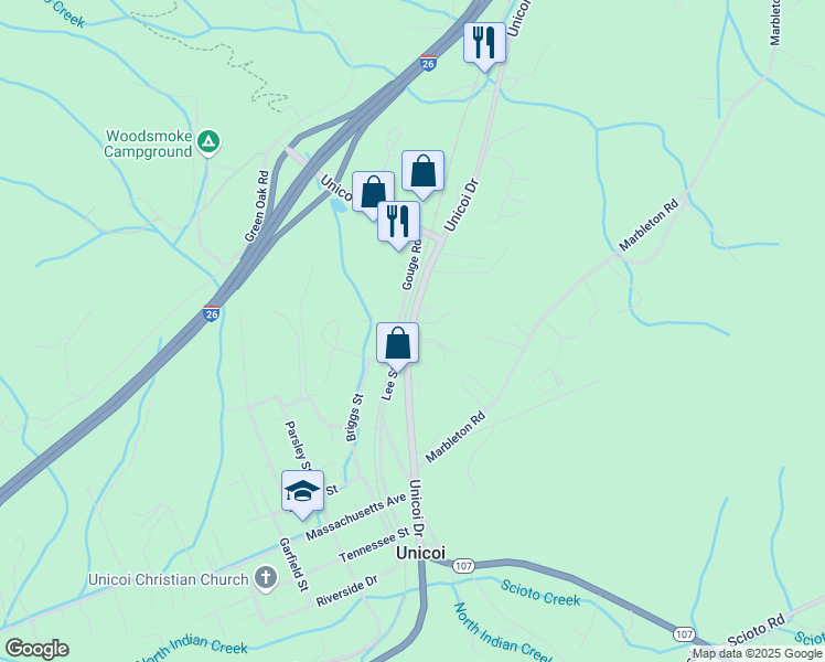 map of restaurants, bars, coffee shops, grocery stores, and more near State Highway 173 in Unicoi