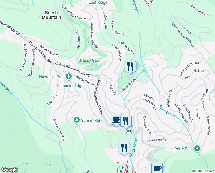 map of restaurants, bars, coffee shops, grocery stores, and more near 214 Lake Road in Beech Mountain