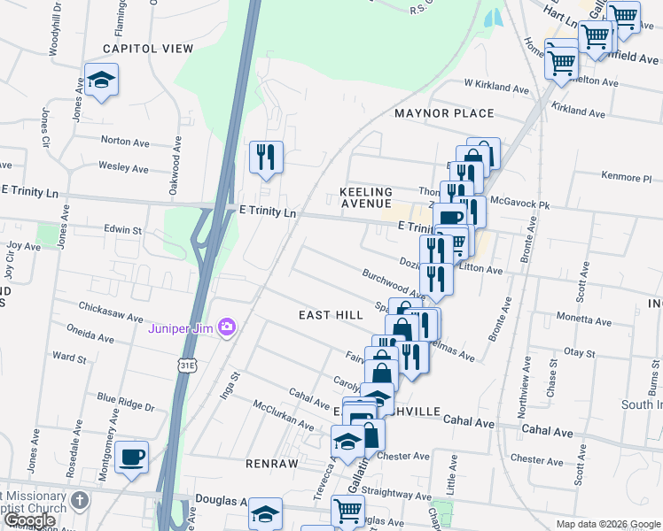map of restaurants, bars, coffee shops, grocery stores, and more near 916 Burchwood Avenue in Nashville