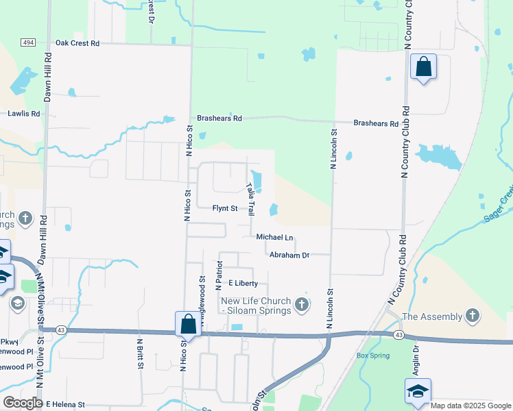 map of restaurants, bars, coffee shops, grocery stores, and more near 2109 Talia Trail in Siloam Springs