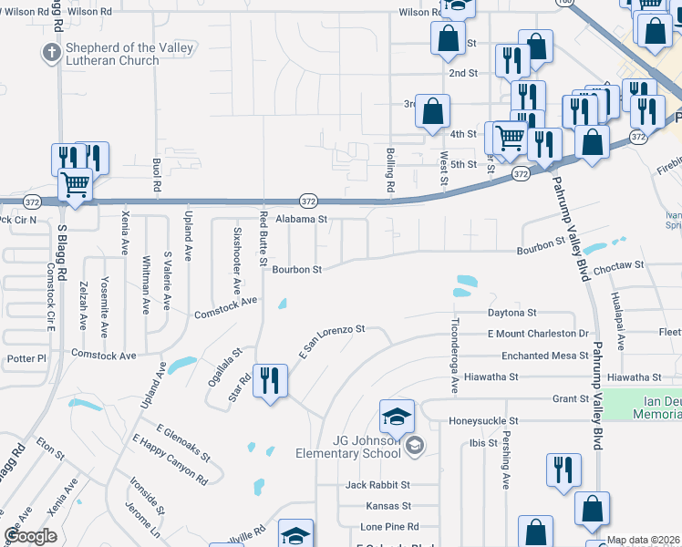 map of restaurants, bars, coffee shops, grocery stores, and more near 741 Bourbon Street in Pahrump