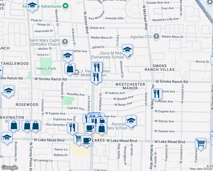 map of restaurants, bars, coffee shops, grocery stores, and more near 5829 Smoke Ranch Road in Las Vegas