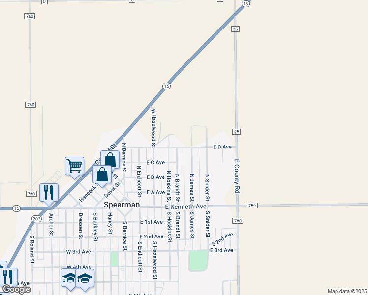 map of restaurants, bars, coffee shops, grocery stores, and more near East D Avenue in Spearman