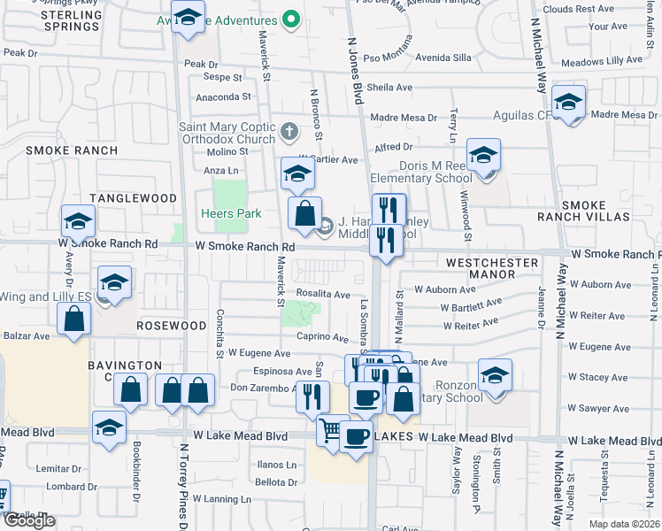 map of restaurants, bars, coffee shops, grocery stores, and more near 6140 Camino De Rosa Drive in Las Vegas