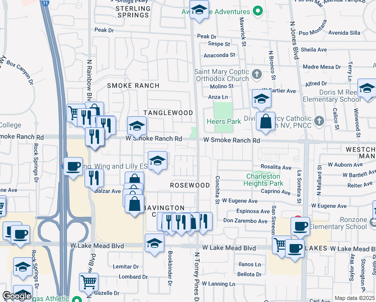 map of restaurants, bars, coffee shops, grocery stores, and more near 6445 Addely Drive in Las Vegas