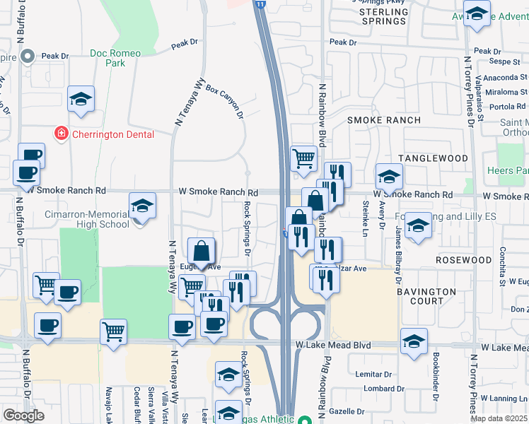 map of restaurants, bars, coffee shops, grocery stores, and more near 33 Rock Springs Drive in Las Vegas
