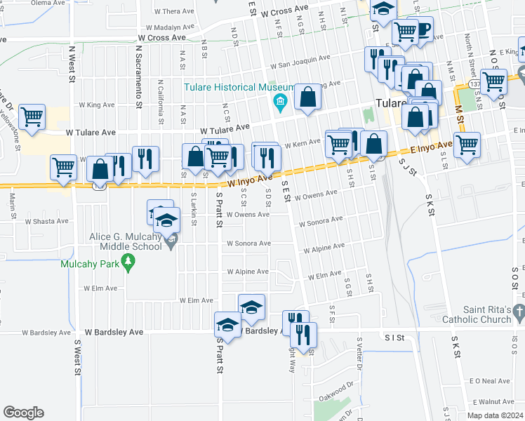 map of restaurants, bars, coffee shops, grocery stores, and more near 361 South D Street in Tulare