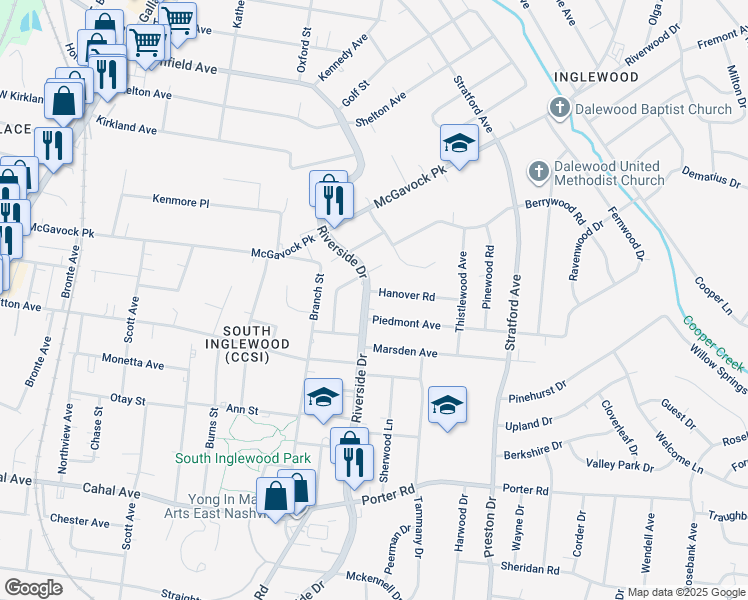 map of restaurants, bars, coffee shops, grocery stores, and more near 2123 Riverside Drive in Nashville