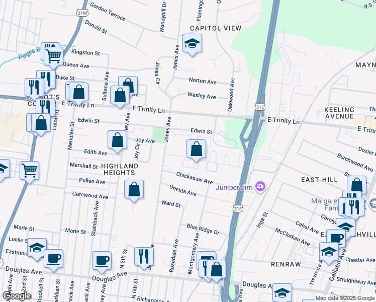 map of restaurants, bars, coffee shops, grocery stores, and more near 807 Cherokee Avenue in Nashville