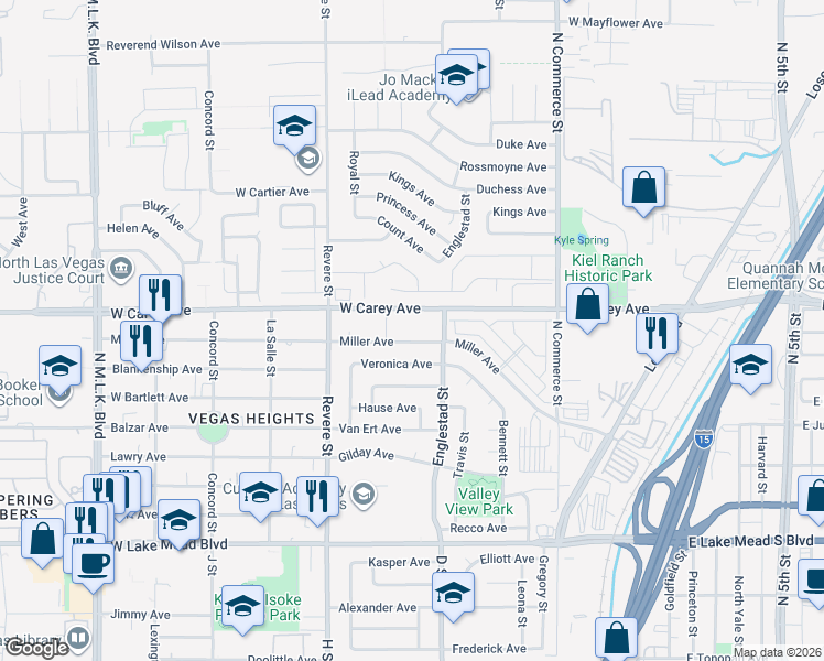 map of restaurants, bars, coffee shops, grocery stores, and more near 2 Miller Avenue in North Las Vegas