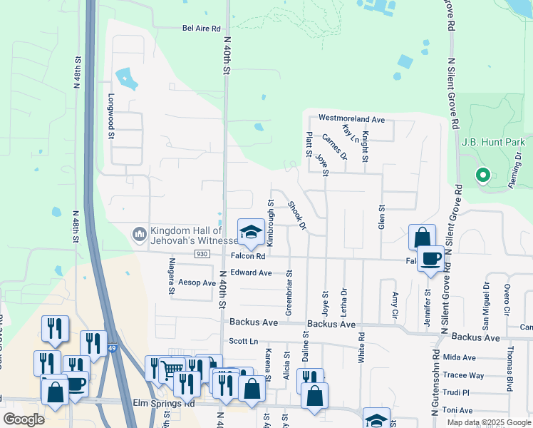 map of restaurants, bars, coffee shops, grocery stores, and more near 1704 Kimbrough Street in Springdale