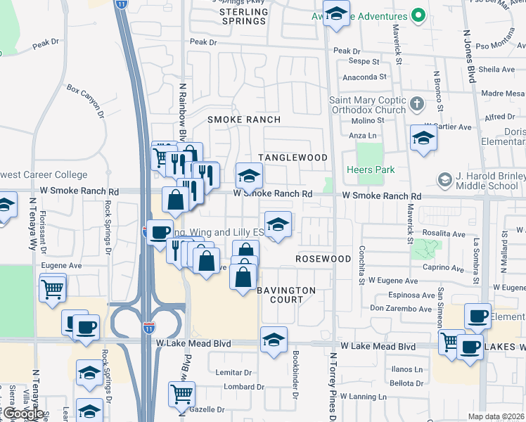 map of restaurants, bars, coffee shops, grocery stores, and more near 6545 Pinon Pine Way in Las Vegas