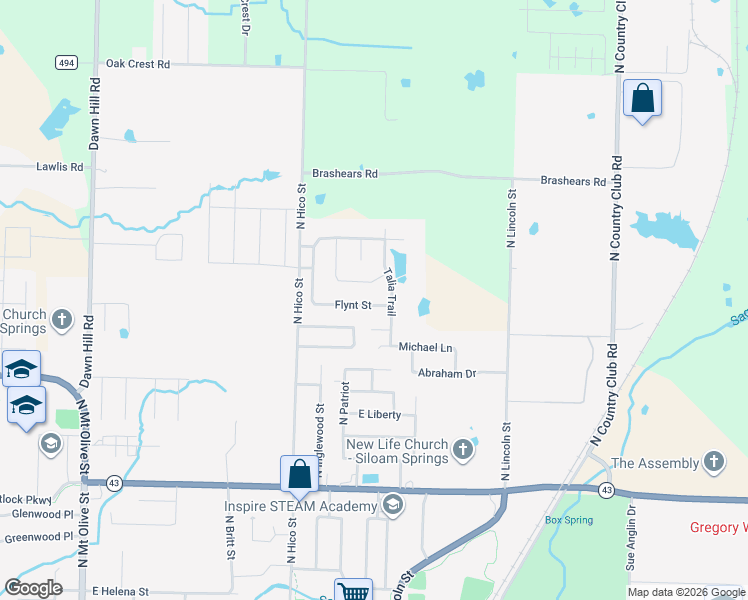 map of restaurants, bars, coffee shops, grocery stores, and more near 1201 Flynt Street in Siloam Springs