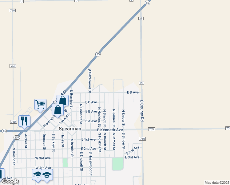 map of restaurants, bars, coffee shops, grocery stores, and more near East D Avenue in Spearman