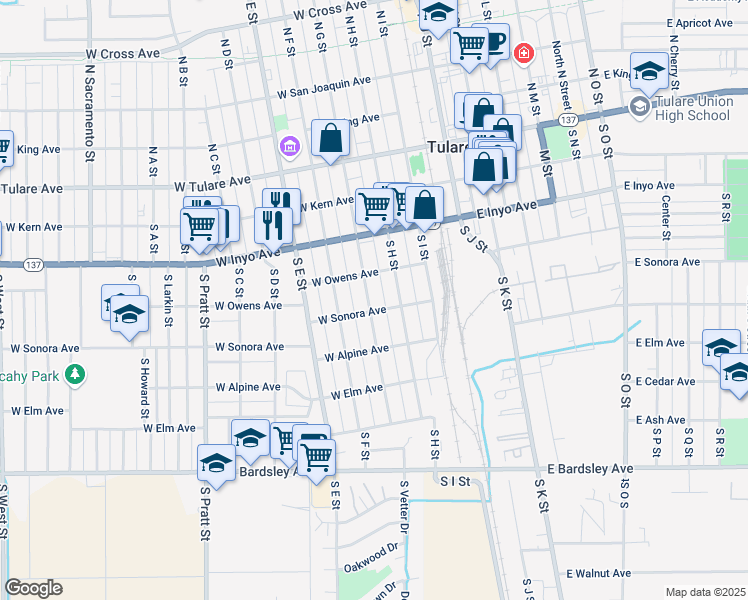 map of restaurants, bars, coffee shops, grocery stores, and more near 450 South G Street in Tulare