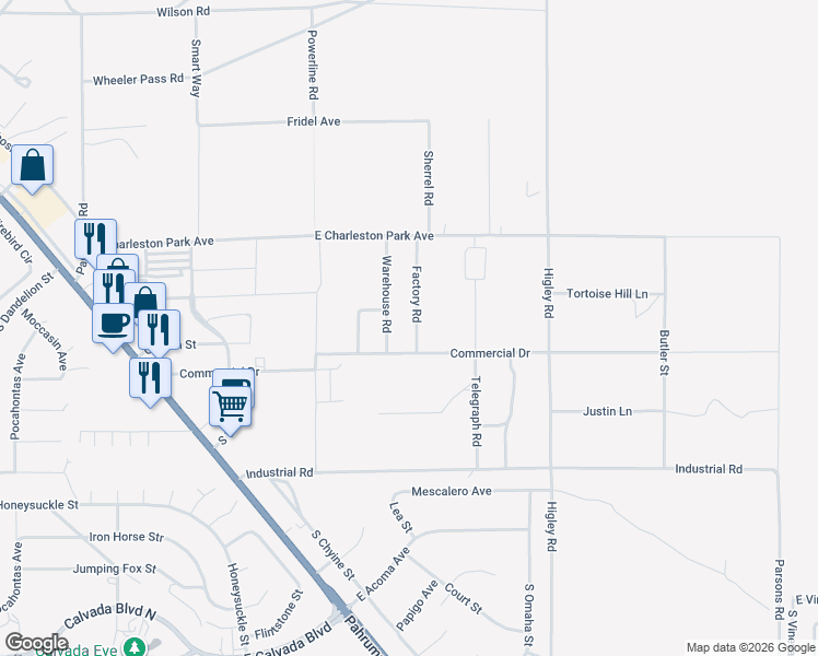 map of restaurants, bars, coffee shops, grocery stores, and more near 1190 Factory Rd in Pahrump