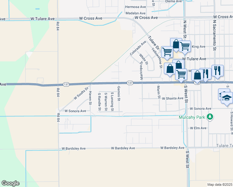 map of restaurants, bars, coffee shops, grocery stores, and more near 2111 West Owens Avenue in Tulare