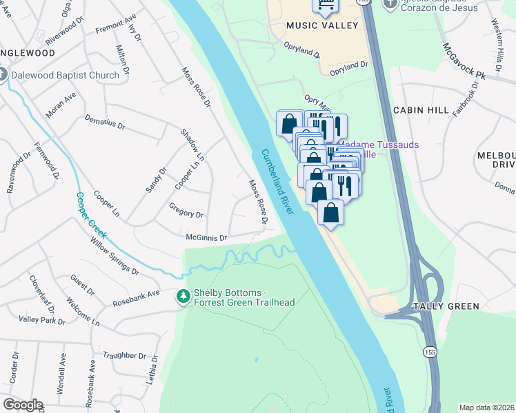 map of restaurants, bars, coffee shops, grocery stores, and more near 3721 Moss Rose Drive in Nashville