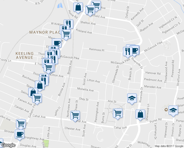 map of restaurants, bars, coffee shops, grocery stores, and more near 1410 Huffine Street in Nashville