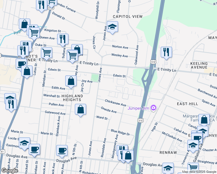 map of restaurants, bars, coffee shops, grocery stores, and more near 715 Cherokee Avenue in Nashville