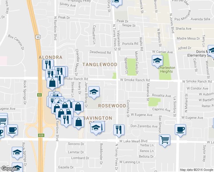 map of restaurants, bars, coffee shops, grocery stores, and more near 6445 Addely Dr in Las Vegas