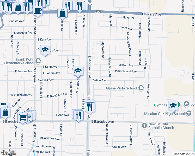 map of restaurants, bars, coffee shops, grocery stores, and more near 2375 Seaside Court in Tulare