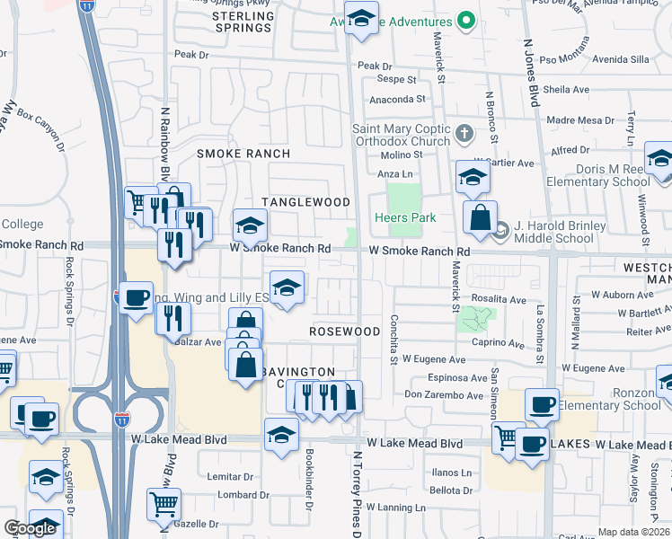 map of restaurants, bars, coffee shops, grocery stores, and more near 6445 Addely Drive in Las Vegas