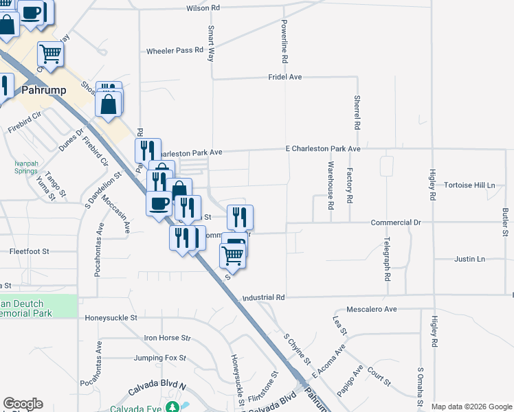 map of restaurants, bars, coffee shops, grocery stores, and more near 2411 East Postal Drive in Pahrump