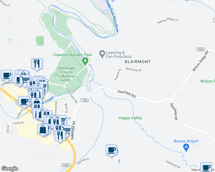 map of restaurants, bars, coffee shops, grocery stores, and more near 148 Blairmont Drive in Boone