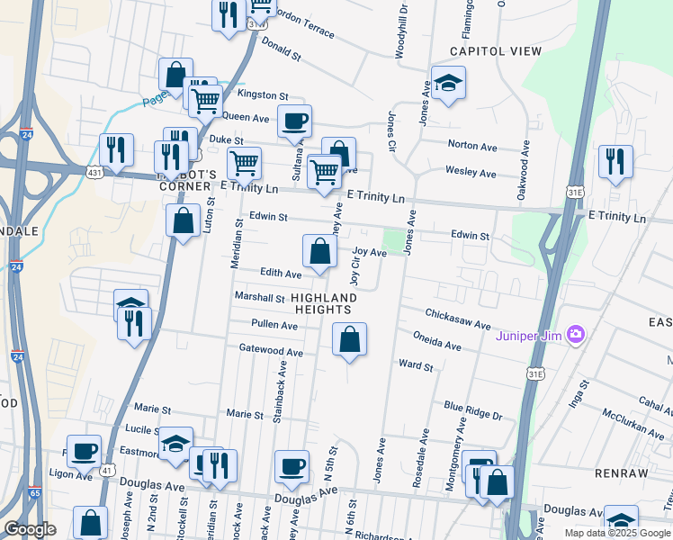 map of restaurants, bars, coffee shops, grocery stores, and more near 1803B Lischey Avenue in Nashville