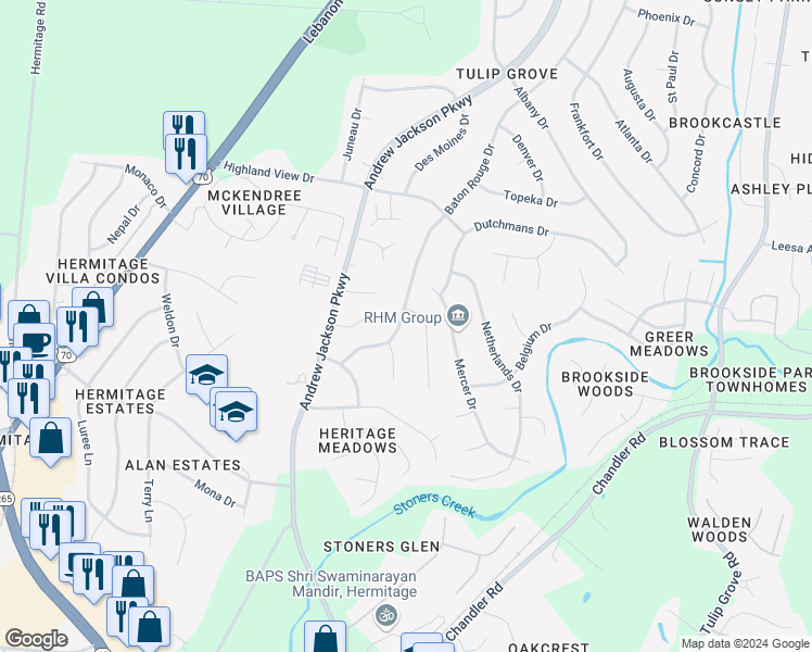 map of restaurants, bars, coffee shops, grocery stores, and more near 4339 Baton Rouge Drive in Nashville