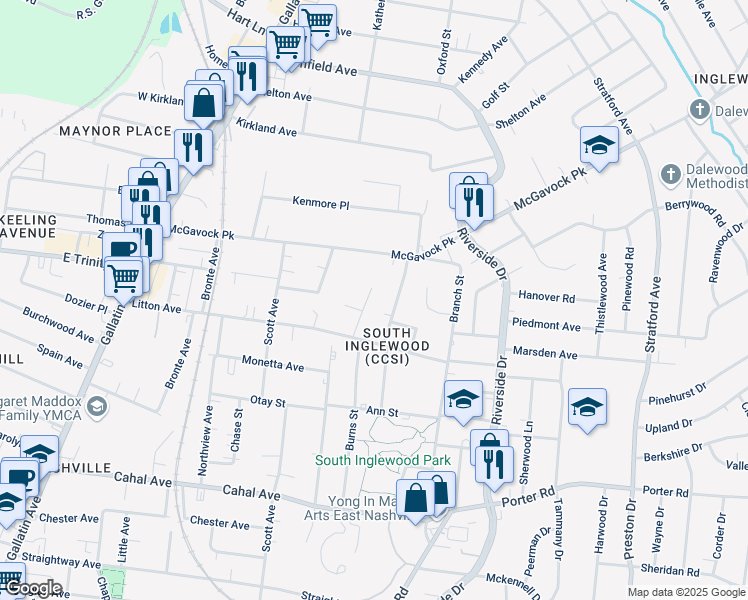 map of restaurants, bars, coffee shops, grocery stores, and more near 2914C Lee Davis Road in Nashville