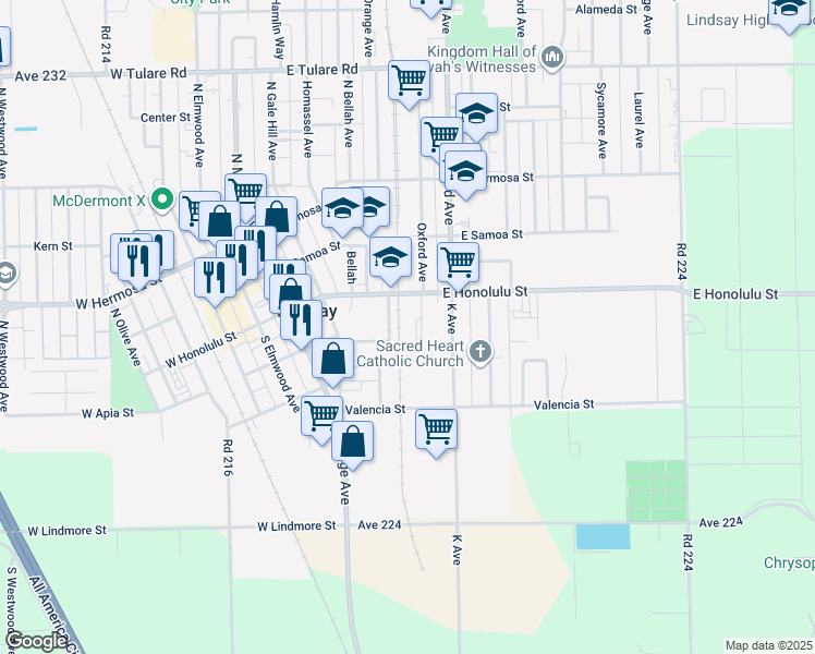 map of restaurants, bars, coffee shops, grocery stores, and more near 548 East Honolulu Street in Lindsay
