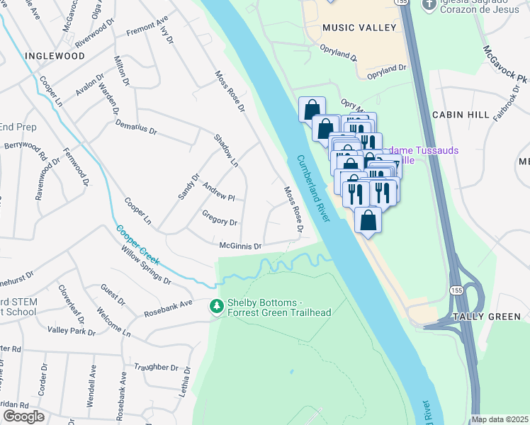 map of restaurants, bars, coffee shops, grocery stores, and more near 2625 Morganmeade Drive in Nashville