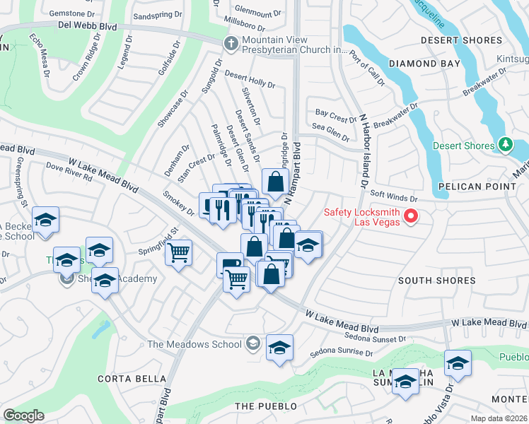 map of restaurants, bars, coffee shops, grocery stores, and more near 2401 Desert Glen Drive in Las Vegas