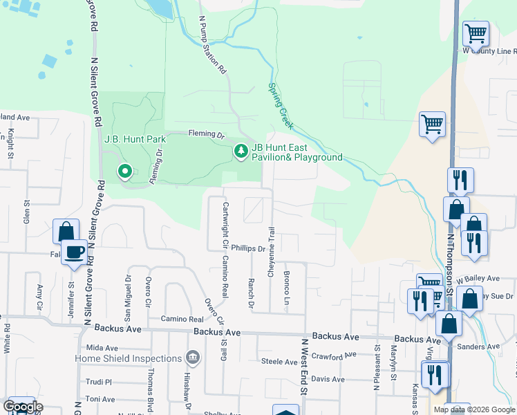 map of restaurants, bars, coffee shops, grocery stores, and more near 1709 Ridgeview Drive in Springdale