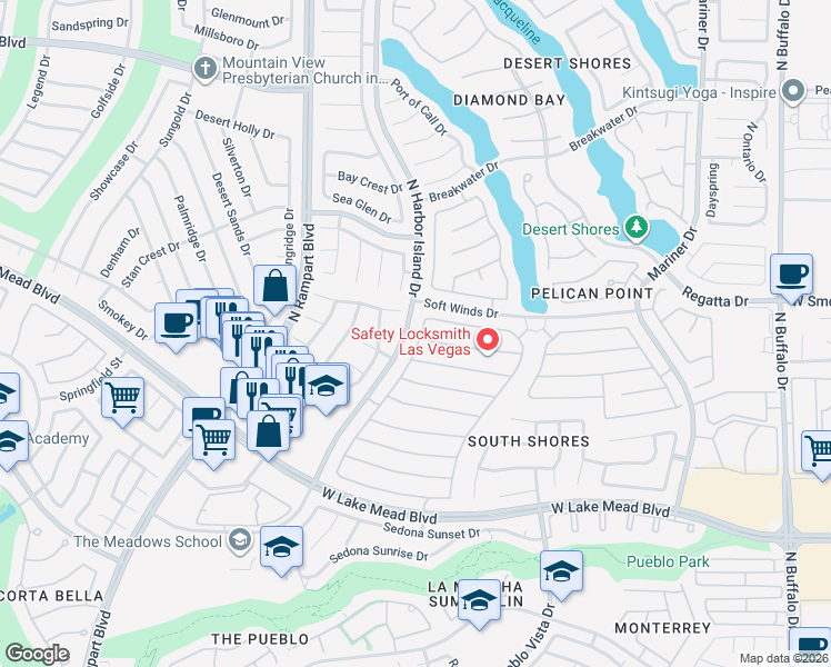 map of restaurants, bars, coffee shops, grocery stores, and more near 2305 Harbor Cliff Drive in Las Vegas