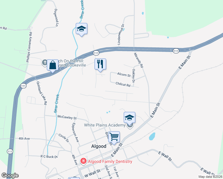 map of restaurants, bars, coffee shops, grocery stores, and more near 260 Phillips Street in Cookeville