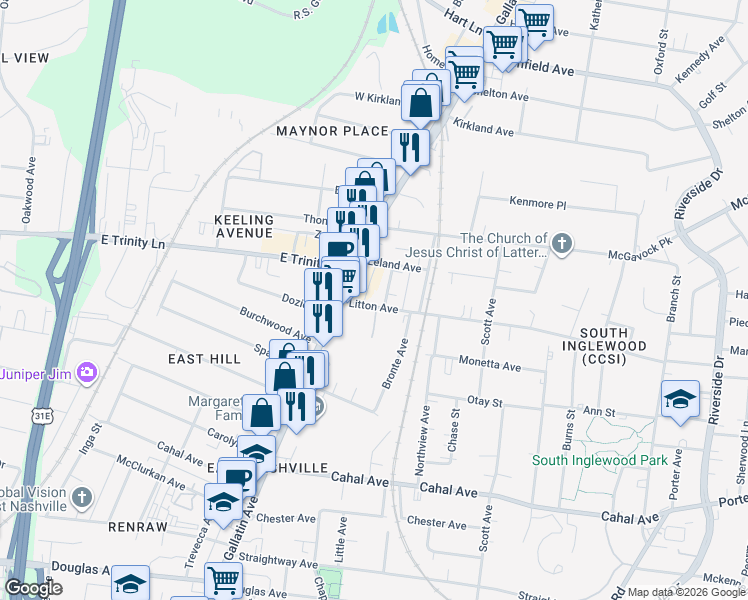 map of restaurants, bars, coffee shops, grocery stores, and more near 2903 Davis Avenue in Nashville
