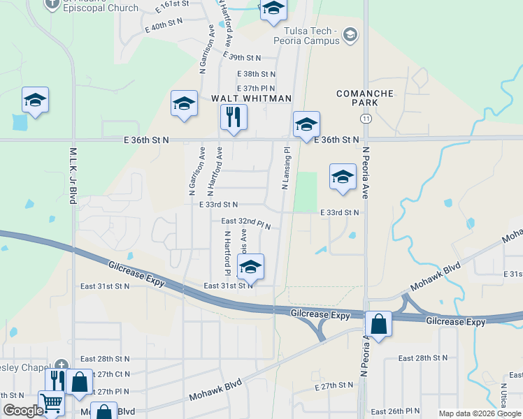map of restaurants, bars, coffee shops, grocery stores, and more near 774 East 33rd Street North in Tulsa
