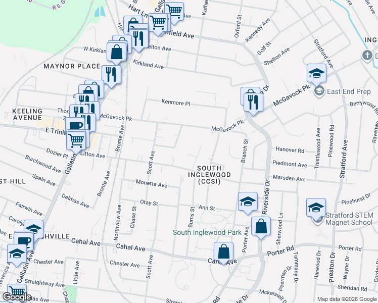 map of restaurants, bars, coffee shops, grocery stores, and more near 1514 Andy Street in Nashville