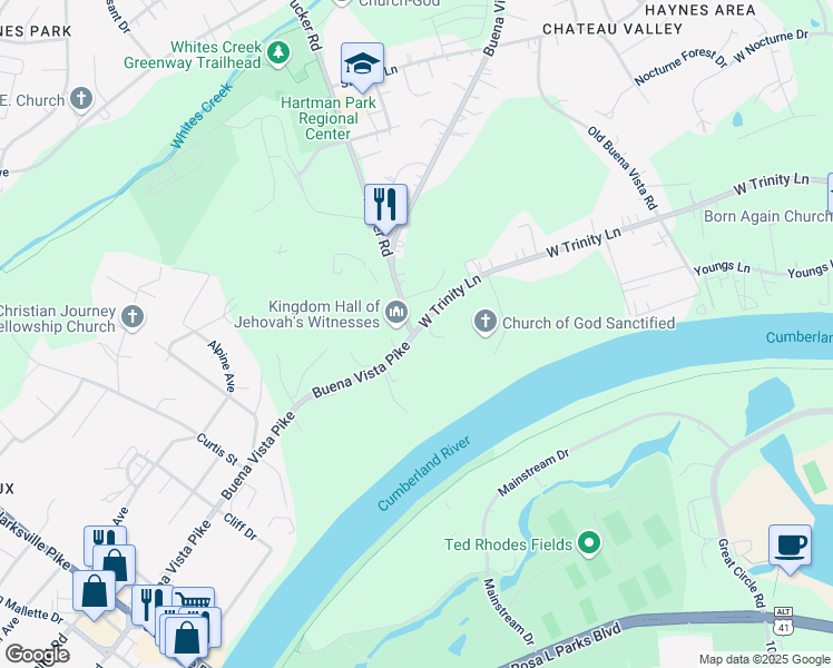 map of restaurants, bars, coffee shops, grocery stores, and more near 2516 Buena Vista Pike in Nashville