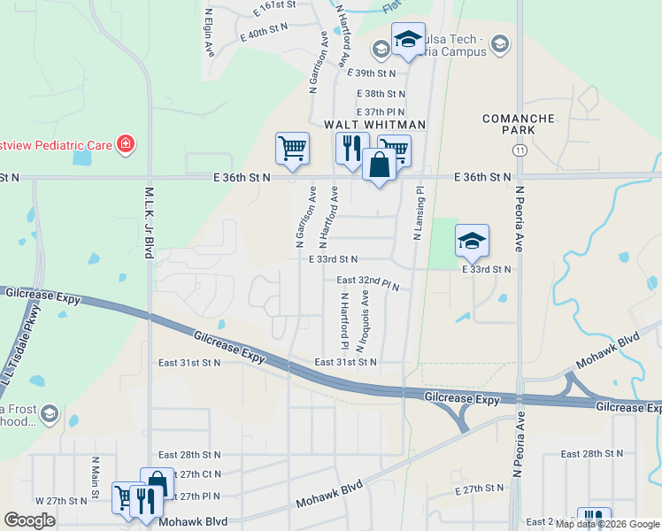 map of restaurants, bars, coffee shops, grocery stores, and more near 704 East 33rd Street North in Tulsa