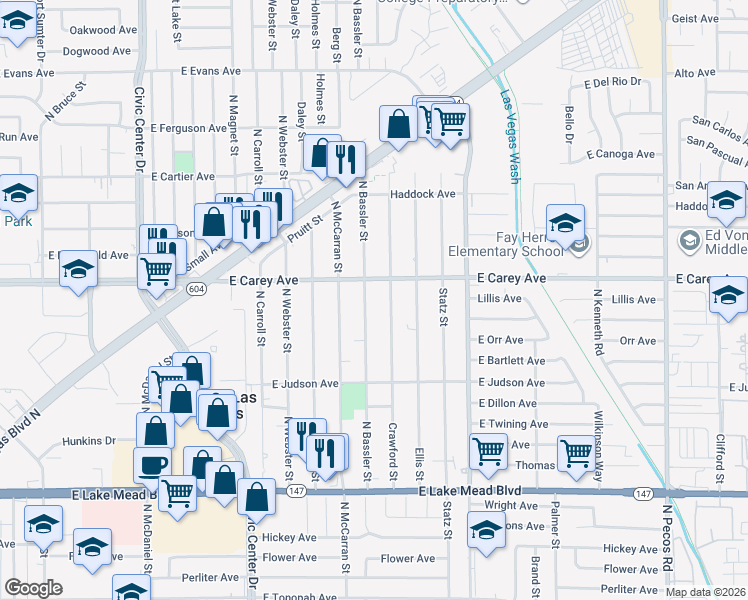 map of restaurants, bars, coffee shops, grocery stores, and more near 2320 Bassler Street in North Las Vegas