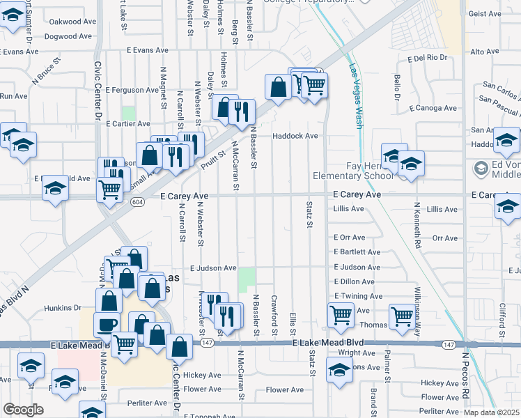 map of restaurants, bars, coffee shops, grocery stores, and more near 2320 Bassler Street in North Las Vegas